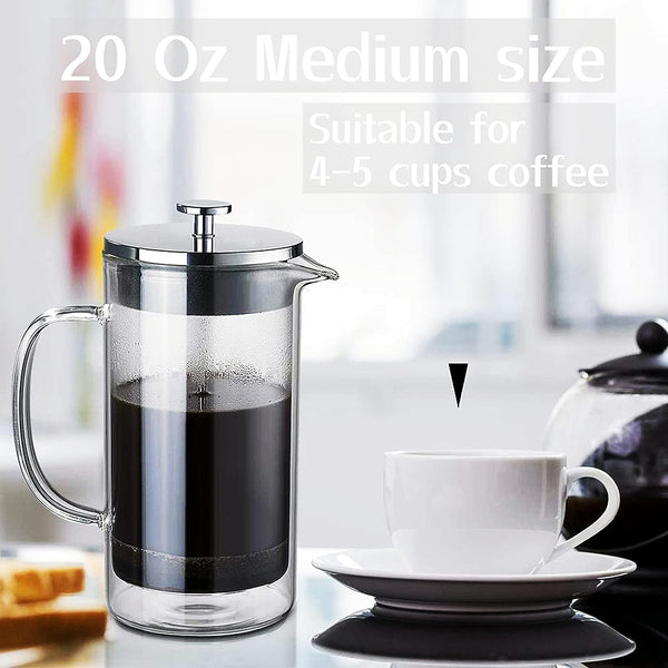 Unnki French Press Coffee Maker,304 Stainless Steel Double Wall Borosilicate Glass Coffee Press,with Multiple Filtration System,2 Extra Filters,600ml 20 Oz Clear