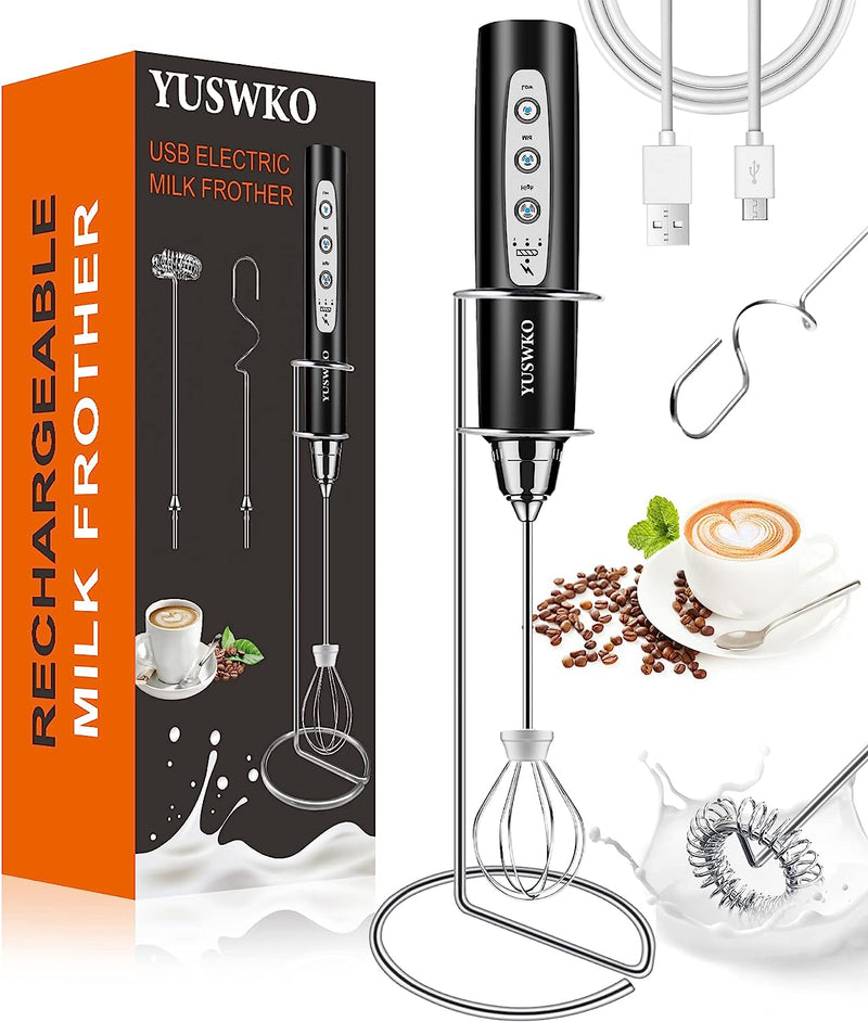 YUSWKO Milk Frother Handheld with 3 Heads, Electric Whisk Drink Foam Mixer with USB Rechargeable 3 Speeds, Mini Frother for Coffee Latte, Cappuccino, Hot Chocolate, Egg - Black