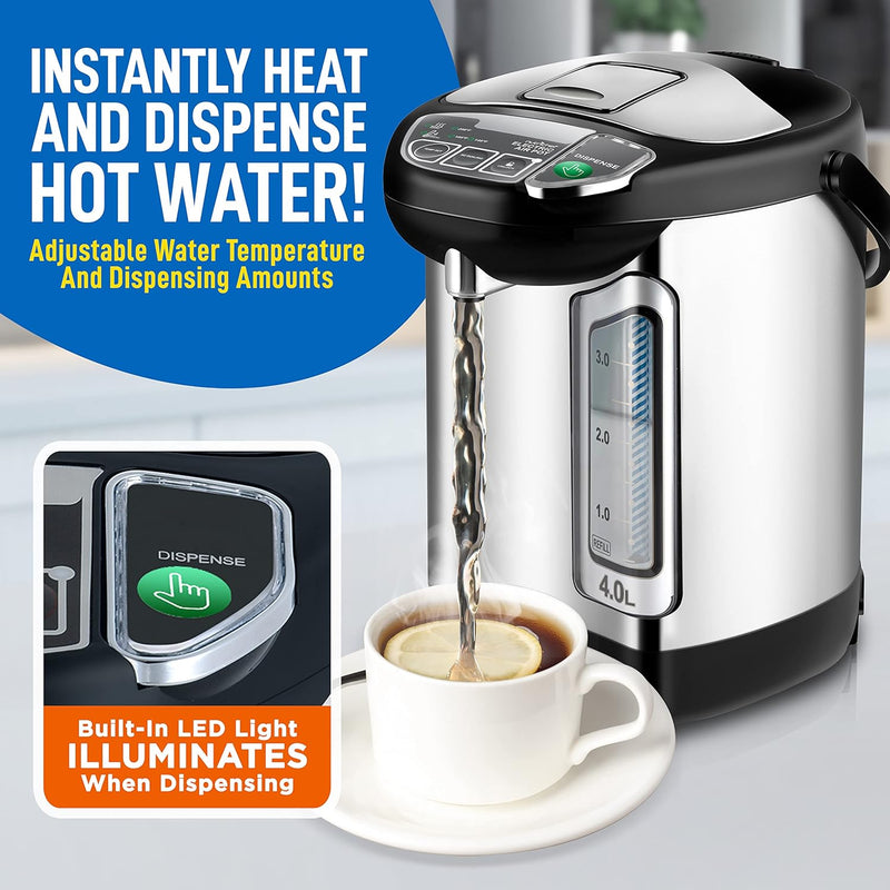 NutriChef Electric Water Boiler and Warmer - 4L/4.23 Qt Stainless Steel Hot Water Dispenser w/ Rotating Base, Keep Warm Temperature Set, Auto Shut Off, Safety Lock, Instant Heating for Coffee & Tea