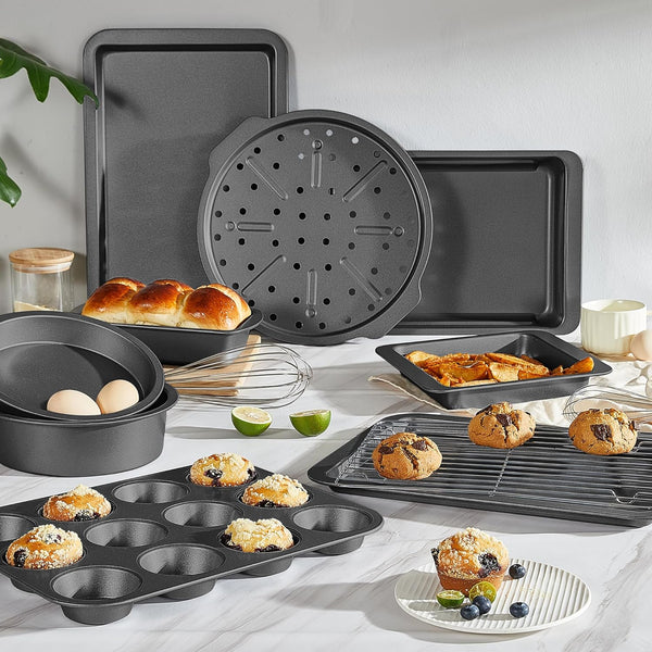 HONGBAKE Bakeware Sets, Baking Pans Set, Nonstick Oven Pan for Kitchen with Wider Grips, 10 Pieces Including Rack, Cookie Sheet, Cake Pans, Loaf Pan, Muffin Pan, Pizza Pan - Grey