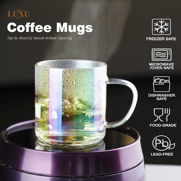 4pcs Set Iridescent Glass Coffee Mugs-Hand Blown&Seamless Design,14 oz Rainbow Coffee Cups-Heat Resistant and Explosion-Proof,Lightweight Tea Cup with Anti Scald Handle Ideal for Home,Cafe,Coffee Bar