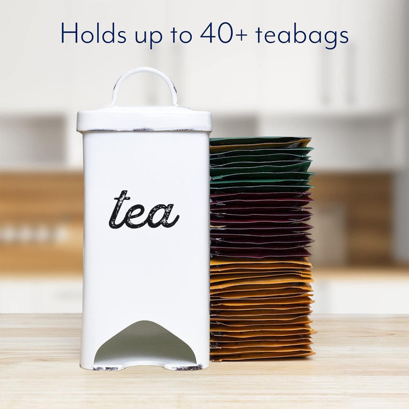 AuldHome Farmhouse Enamelware Tea Bag Holder (White); Enamelware Tea Bag Caddy Dispenser for Wrapped Individual Tea Sachets