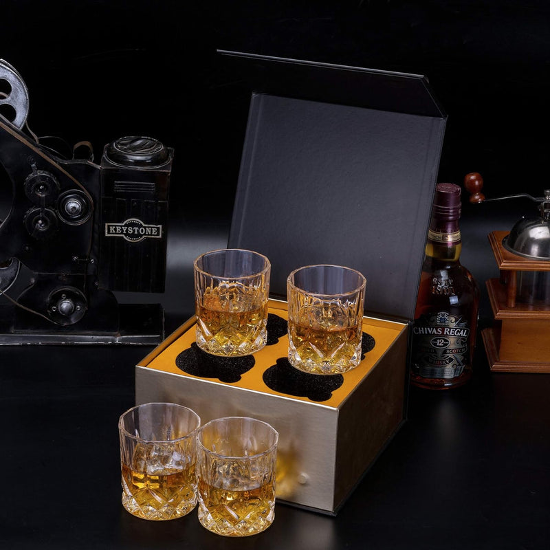 KANARS Old Fashioned Whiskey Glasses with Luxury Box - 10 Oz Rocks Barware For Scotch, Bourbon, Liquor and Cocktail Drinks - Set of 4 - Men Gift for Christmas New Year