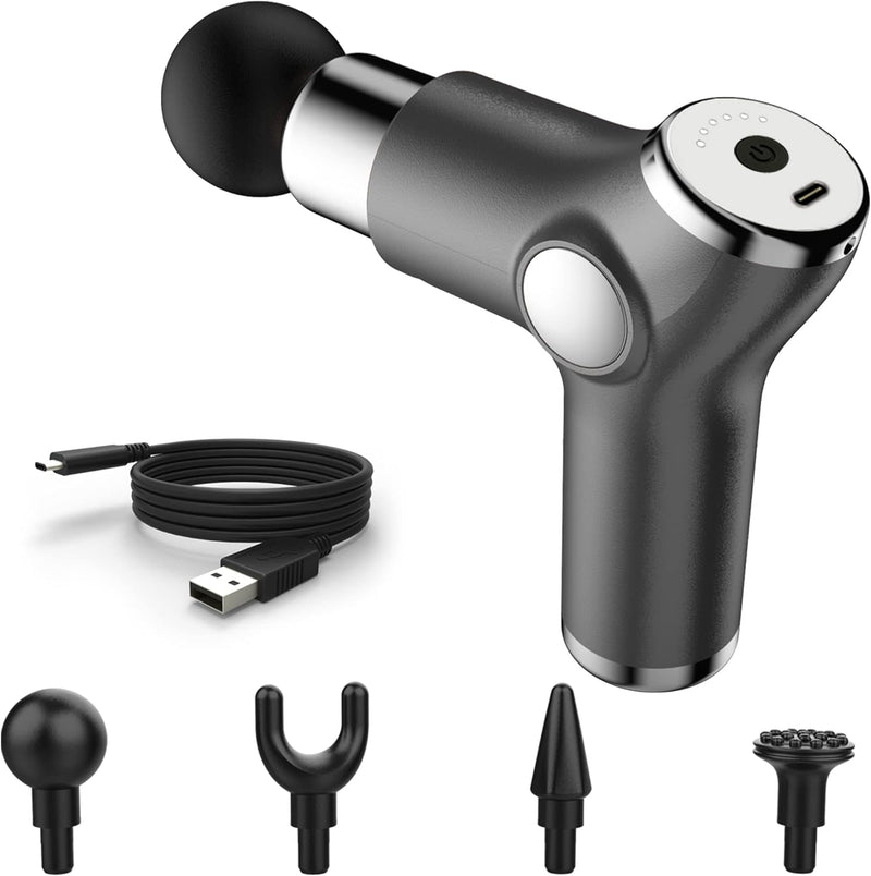 Exrebon Mini Handheld Massage Gun - Small Portable Electric Percussion Muscle Massager Gun - Compact Deep Tissue Fascia Travel Massager, 4 Massager Heads 6 Speed Black