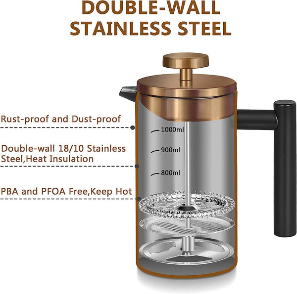 Miuly Large Coffee Press 34oz,Double Wall Insulated Black Stainless Steel French Press with Rose Gold Lid 2 Extra Filter and Coaster Mat(34oz, Black)