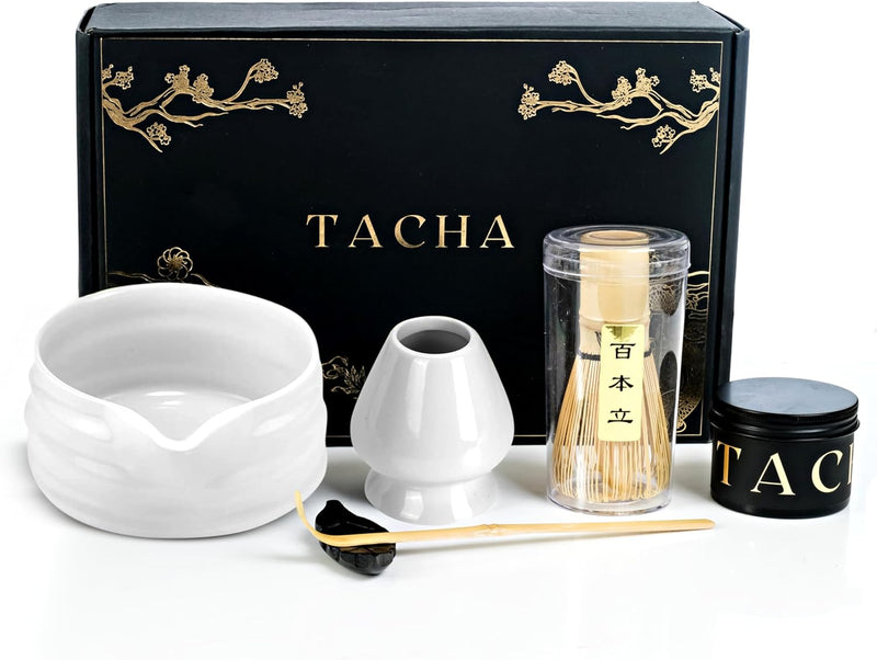 TACHA Premium Matcha Tea Set | Matcha Tea Powder | Ceremonial Matcha Tea Making Tool | Whisk Holder Black Bowl, Spout, Scoop, and Sifter (7 Piece Set)