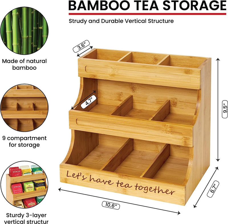 NHZ Tea Bag Holder Bamboo 3 Tier, Tea Holder for Tea Bags Organizer Over 180 Tea Bags Storage Cabinet and Counter. It's Can Hold Tea Bags, Coffee Pod, Sugar.