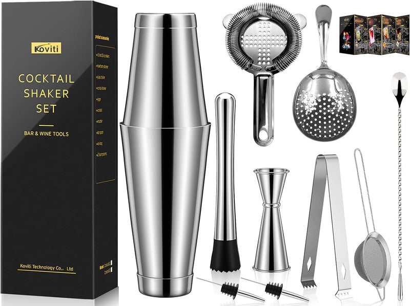 Cocktail Shaker - Koviti 12 Piece Bartender Kit - Stainless Steel Cocktail Shaker Set, Premium Bar Tools : Martini Shaker, Muddler, Jigger, Mixing Spoon, Strainers, Ice Tong, Liquor Pourers