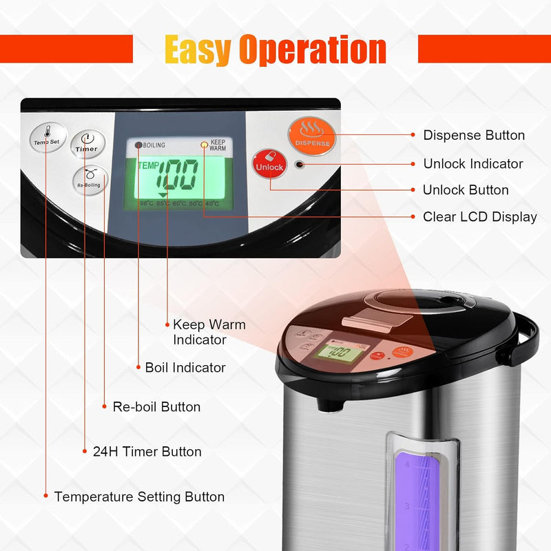 FANTASK 5L Water Boiler and Warmer, Stainless Steel Hot Water Dispenser w/Safety Lock, 5 Temperature Settings, Timer function, Instant Electric Thermo Pot for Coffee Tea