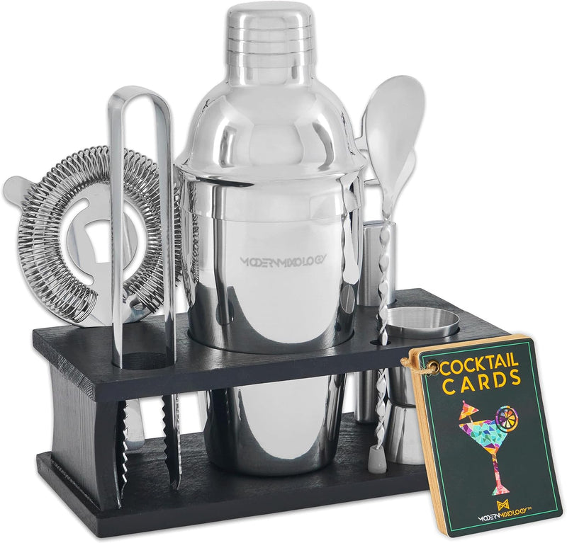 Mixology Bartender Kit - 8-Piece Silver Cocktail Shaker Set with Pine Wood Stand, Recipe Cards, and Bar Accessories Ideas