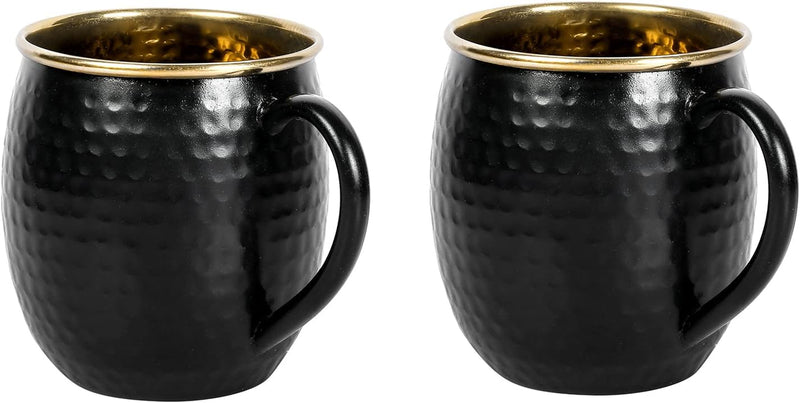 MyGift Matte Black Hammered Moscow Mule Mugs with Gold Interior, 18 oz Modern Stainless Steel Cocktail Moscow Mule Cup, Set of 2 - Handcrafted in India
