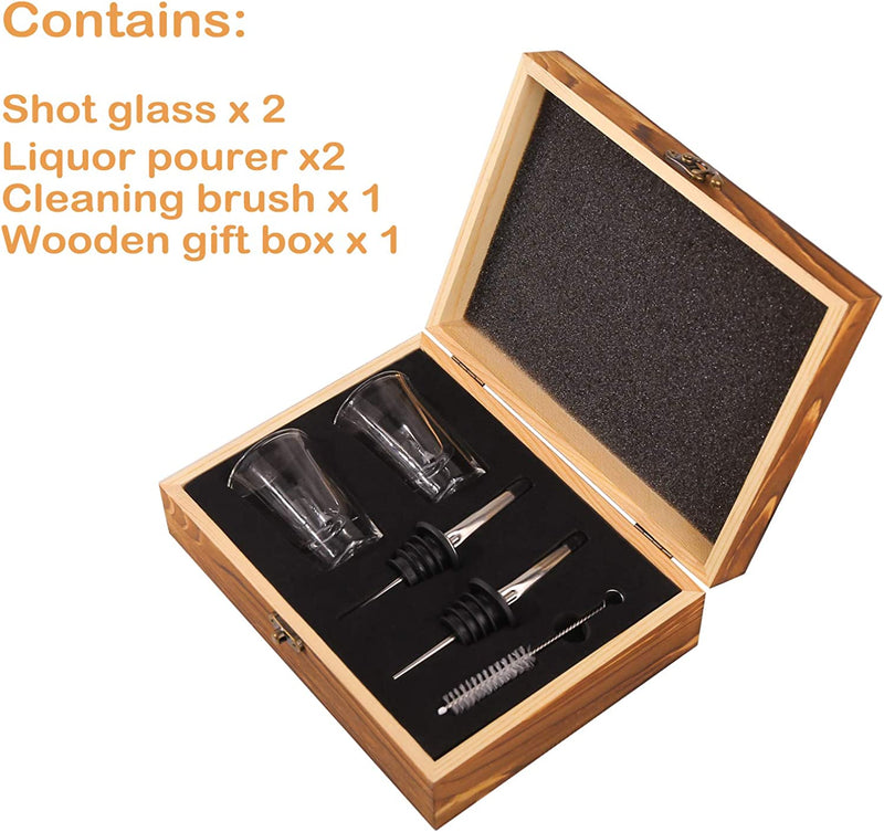 Shot Glasses with Liquor Pourers Gift Set, 2 Heavy Base Ounce Glasses with Bottle Pourers and Cleaning Brush Packed in Wooden Box, Christmas/Birthday Gift, Present for Drink/Spirit/Espresso Lover