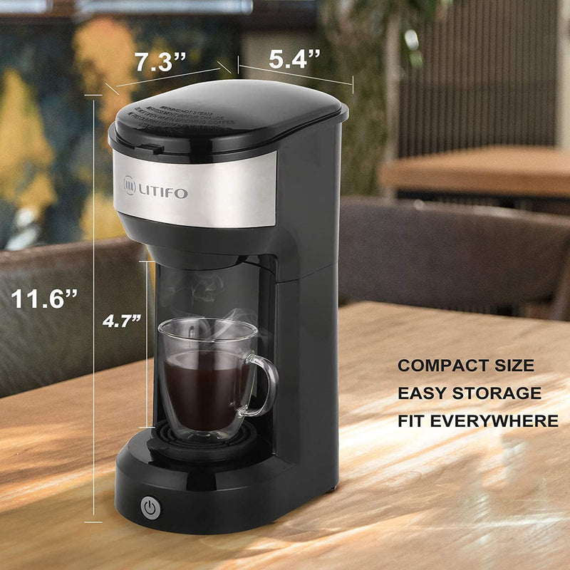 LITIFO Single Serve Coffee Maker for Ground coffee, Tea & K Cup Pod, 2-In-1 Small Coffee Machine with 6 to 14oz Reservoir, One-Button Fast Brew, Auto Shut-off & Self Cleaning Function (Black)