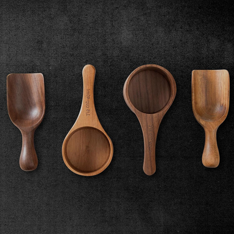 GinSent Wood Coffee Scoop-4 Pieces Small Measuring Spoons for Ground Coffee,Tea,Sugar,Seasoning-Multipurpose Wooden Scoop for Jars,Canisters,Bath Salts,Laundry Detergent(Black Walnut Wood)