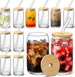 VITEVER [ 8 Pack ] 20 OZ Glass Cups with Bamboo Lids and Glass Straw - Beer Can Shaped Drinking Hurricane Glasses, Iced Coffee Glasses, Cute Tumbler Cup, Aesthetic Coffee Bar Accessories, Gifts