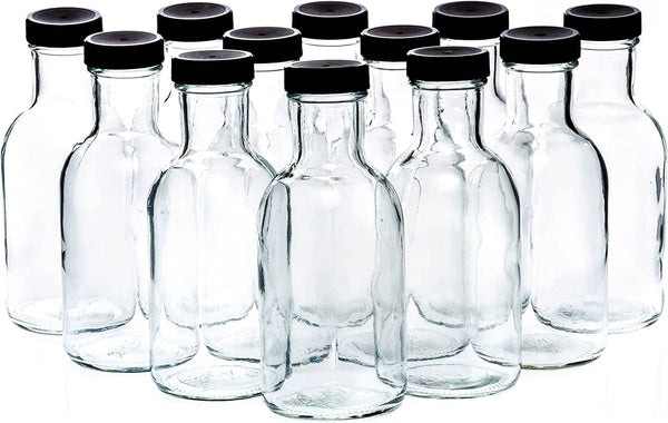 MHO Containers Set of 16oz Glass Bottles with Black Plastic Caps | Reusable Stout Flint Glass Bottles with Lids for Juicing, Kombucha, Liquids | Made in USA | 16 oz Glass Bottles (Total of 12)