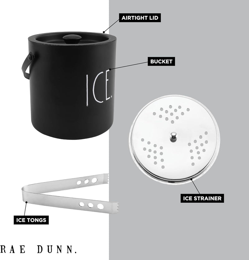 Rae Dunn Ice Bucket with Scoop - Stainless Steel Bucket with Handle, Lid and Tongs with a Water Filter - 3 Qt. Storage Bin for Ice Cubes for Bars, Parties, Backyard Barbeques, Picnics, and Camping