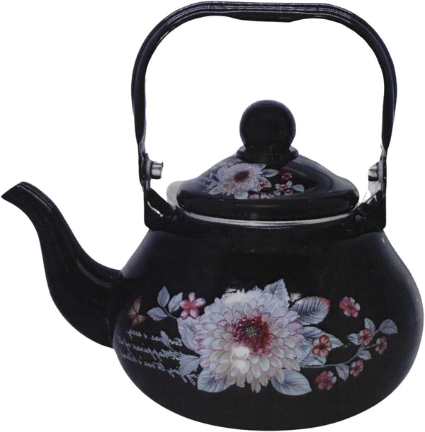 Floral Old World Design Porcelain Enamel on Steel 1.5 Liter -1.5 Quart Tea Kettle Stainless Steel Rim Suitable for All Cooking Range Types Dishwasher Safe