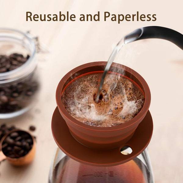 VVGCS Collapsible Paperless Pour Over Coffee Dripper with Reusable Stainless Steel Coffee Filter, Single Cup Travel Pour Over Coffee Maker Camping, Portable Silicone Drip Coffee Maker Pour Over Brown