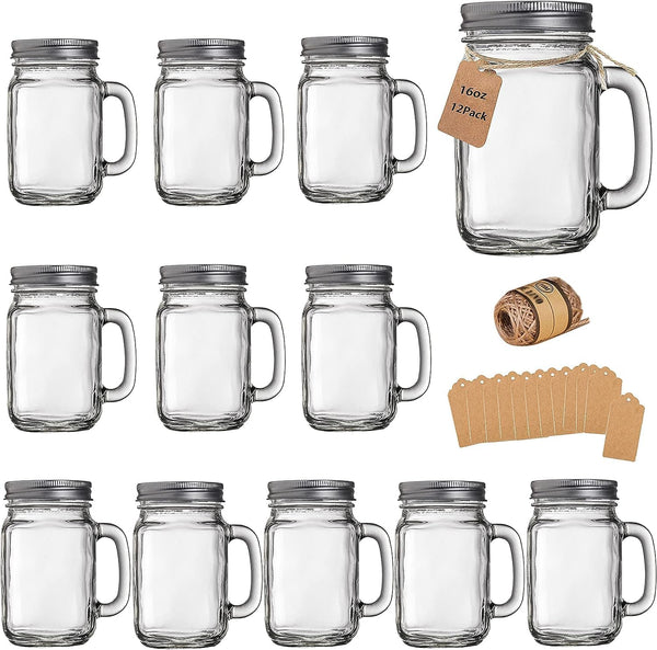 TANGLONG Mason Jar Cups, Mason Jars With Handle And Lids, Mason Jar Drinking Glasses, Glass Mason Jar Mugs 16 oz –12 Pack