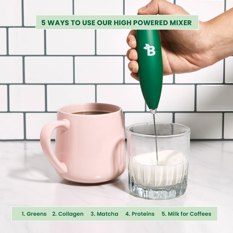 Bloom Nutrition Milk Frother Hand Mixer, Stainless Steel Electric Matcha Whisk, Handheld Mixer for Coffee, Greens, Protein & More, Battery Operated, Easy to Clean & Includes Whisk Stand