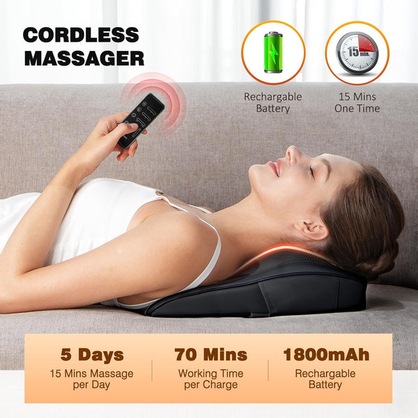 Boriwat Neck Massager with Heat, Cordless Back Massager with Wireless Remote, 3D Kneading Massage Pillow for Back, Neck, Shoulder, Leg Pain Relief, Gifts for Men Women Mom Dad