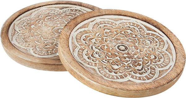 White Elephant Gifts Set of 2 Wooden Trivets for Hot Dishes Pots and Pans Tea Pot Holders Nonslip Heat Resistant Kitchen Counter Accessories for Table Countertops (MD01) 8" Diameter Mandala Design