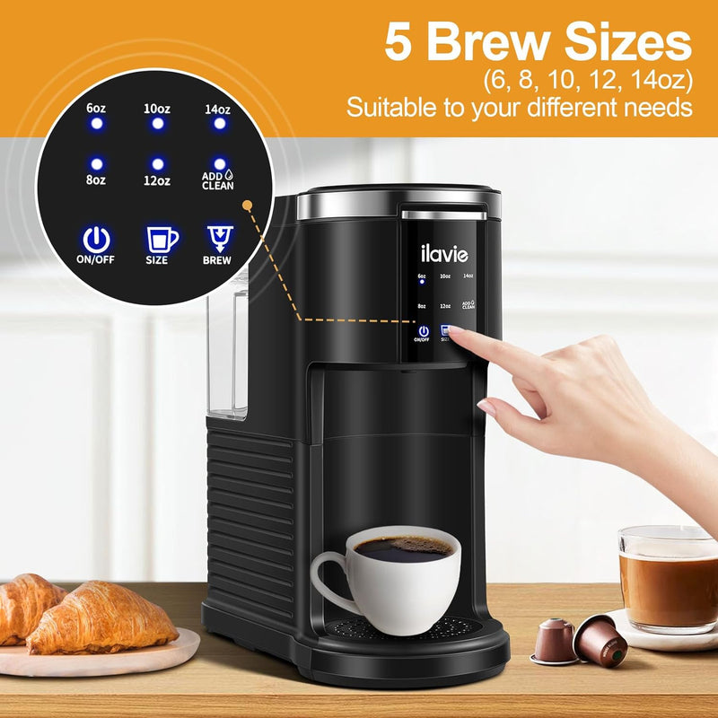 ILAVIE Single Serve Coffee Maker for K Cup & Ground Coffee, Single Cup Coffee Maker, 6 to 14 oz Brew Sizes with 40oz Removable Reservoir, Small Coffee Maker with Self-cleaning Function, Black