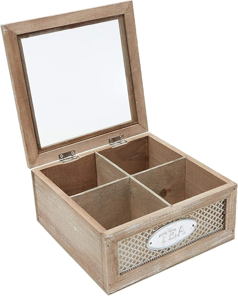 Wooden Box for Tea Bags Organizer, Cute Rustic 4-Compartment Container with Clear Lid (7 x 7 x 3 In)