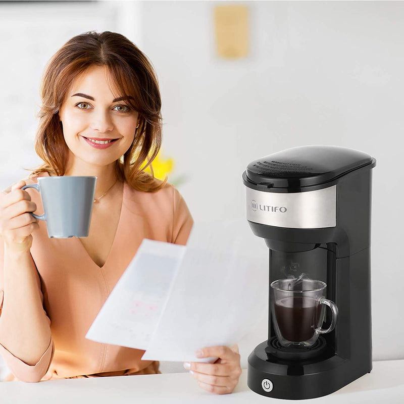 LITIFO Single Serve Coffee Maker for Ground coffee, Tea & K Cup Pod, 2-In-1 Small Coffee Machine with 6 to 14oz Reservoir, One-Button Fast Brew, Auto Shut-off & Self Cleaning Function (Black)