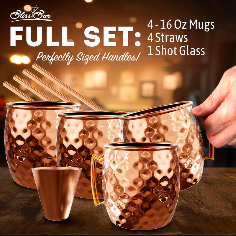 Bliss Bar 16 Oz Moscow Mule Cups Set of 4 | Pure Solid Copper Moscow Mule Mugs| Premium Quality Copper Straws and Shot Glass Included for Perfect Cocktail Experience