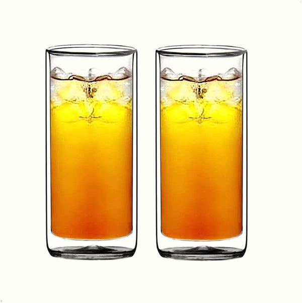 Sun's Tea Double Wall Insulated Glass Tumbler, 16oz (450ml) Highball Glass Cups for Beer, Lemonade, Iced Tea, Tropical Drink, Cocktail, Smoothie, Mojito and Mixed Drinks, Set of 2 - Collins Style