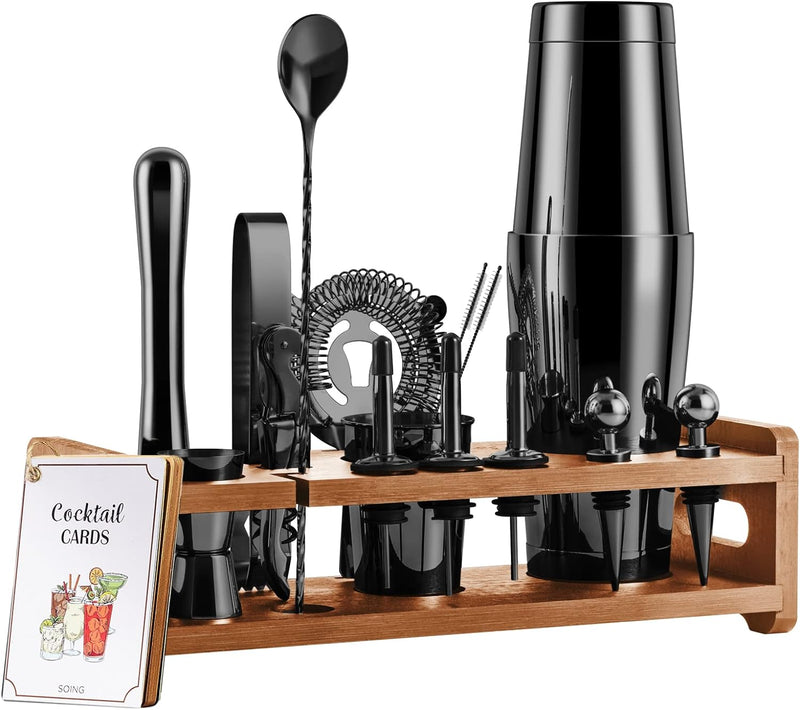 Soing 24-Piece Cocktail Shaker Set,Perfect Home Bartender Kit for Drink Mixing,Stainless Steel Bar Tools With Stand,Velvet Carry Bag & Recipes Cards Included (Black)