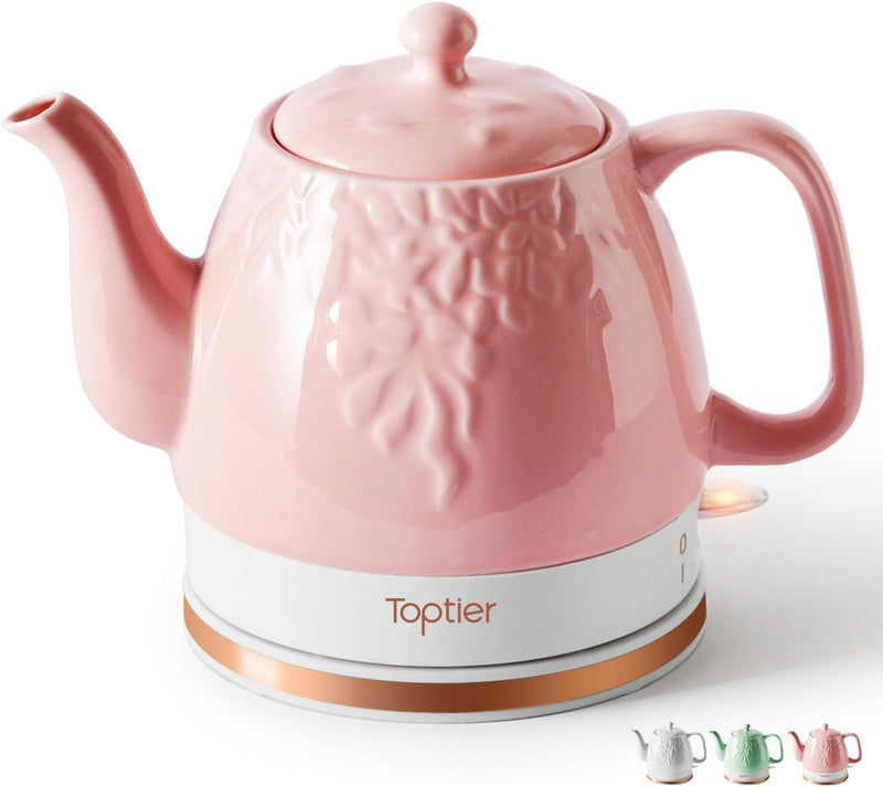 Toptier Electric Ceramic Tea Kettle, Boil Water Quickly and Easily, Detachable Swivel Base & Boil Dry Protection, Carefree Auto Shut Off, 1 L, White Leaf