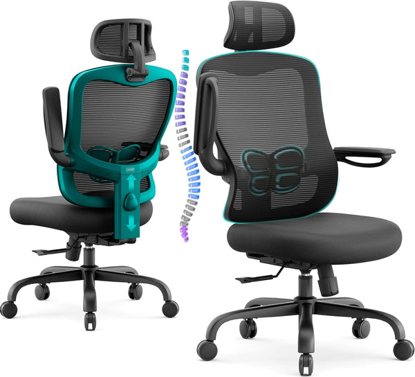 Ergonomic Office Chair Fully Adjustable - Comfortable Big and Tall Computer Desk Chairs with Lumbar Support, Mesh High Back Adjustable with 3D Headrest, 90-130° Tilt Lock, Flip-up Arms