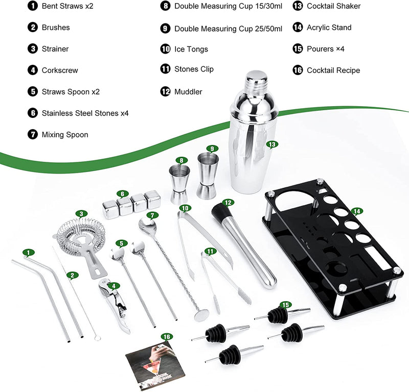 Cocktail Shaker Set, 23-Piece Stainless Steel Bartender Kit with Acrylic Stand & Cocktail Recipes Booklet, Professional Bar Tools for Drink Mixing, Home, Bar, Party (Include 4 Whiskey Stones)