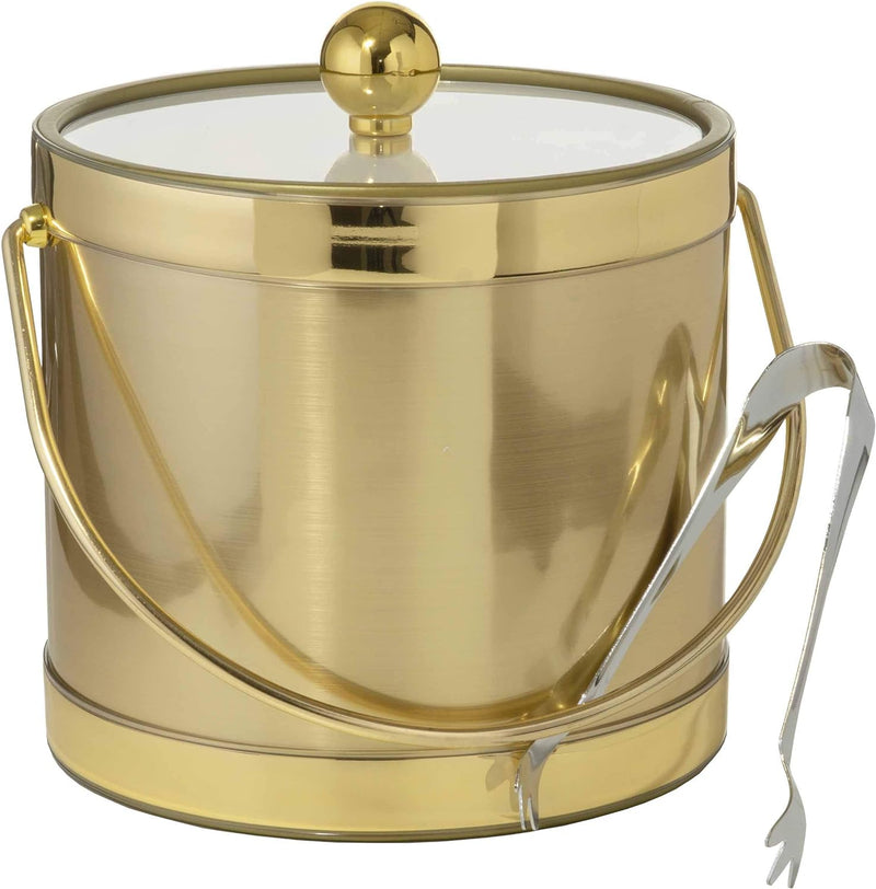 Hand Made In USA Brushed Gold Double Walled 3-Quart Insulated Ice Bucket With Ice Tongs (Metallic Deco Collection)