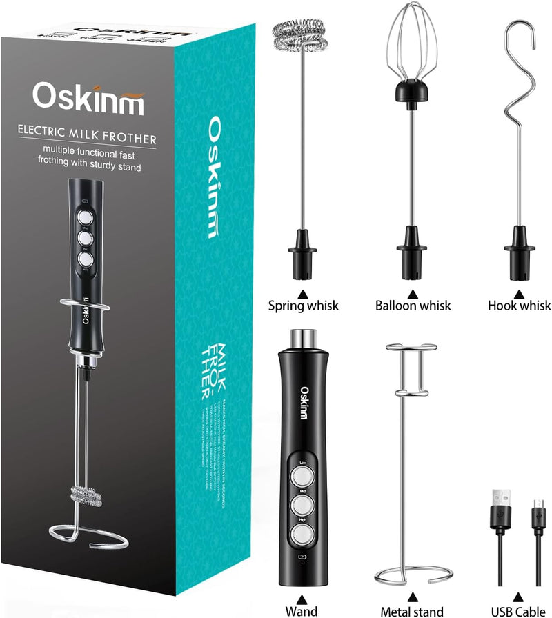 Oskinm Milk Frother Handheld with 3 Stainless Steel Whisks, USB Rechargeable Electric Foam Maker, Drink Mixer with 3 Speeds for Coffee, Bulletproof Coffee, Latte, Matcha