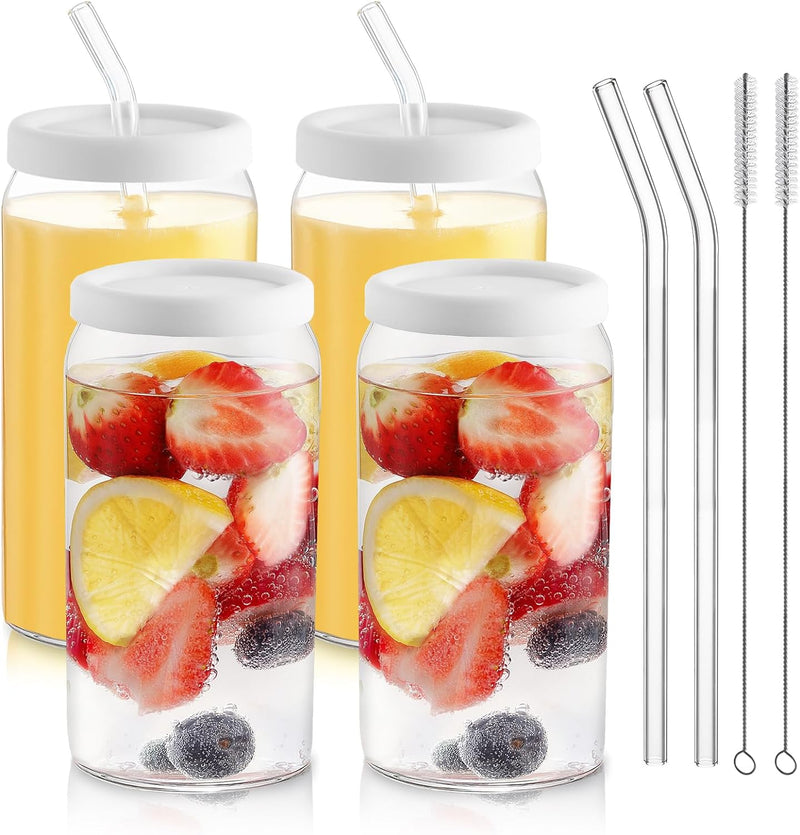 HOMBERKING Glass Cups with Bamboo Lids and Straws 4pcs Set, 16oz Can Shaped Drinking Beer Glasses, Iced Coffee Cups, Cute Tumbler Cups with 1 Cleaning Brush, Ideal for Cocktail, Whiskey, Tea, Gift