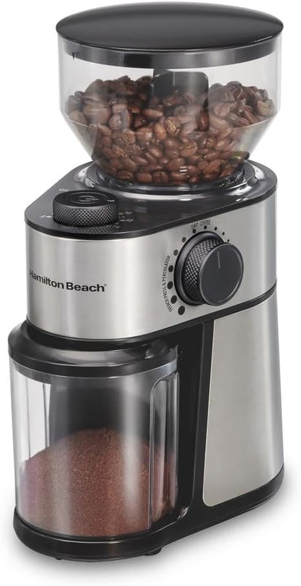 Hamilton Beach Electric Burr Coffee Grinder with Large 16oz Hopper & 18 Settings For 2-14 Cups, Stainless Steel (80385)