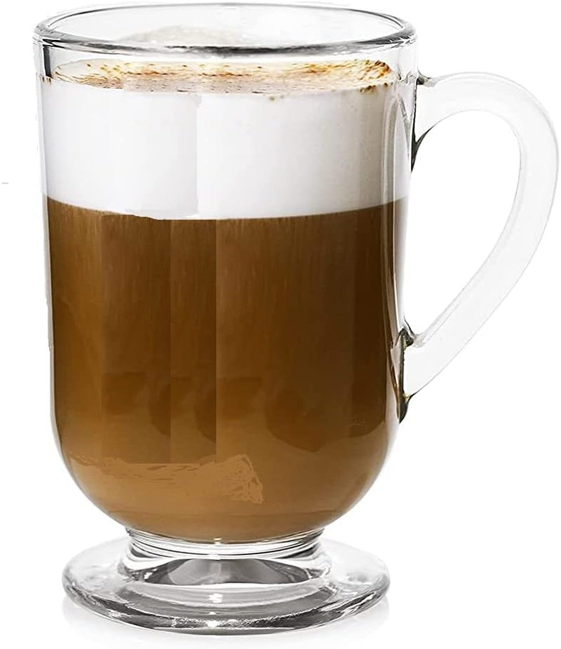 Irish Coffee Mug Tall glass, Latte Cups, Cappuccino and Hot Chocolate Mugs with Handle, Clear Glass, ZERO LEAD for Hot Ounces 6-piece Set (8.5 Ounces)