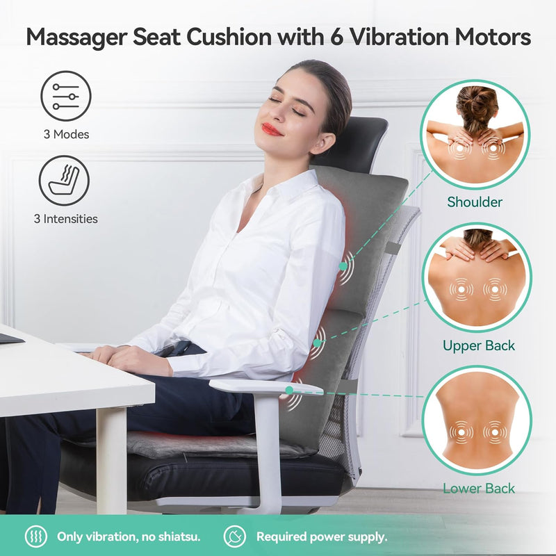 Snailax 2 in 1 Massage Seat Cushion & Massage Pillow, Back Massager with Heat and Vibration for Neck,Shoulder,Back,Abdomen,Leg,6 Vibration Motors,3 Heating Levels,Gift for Mom Woman Dad Man,Grey