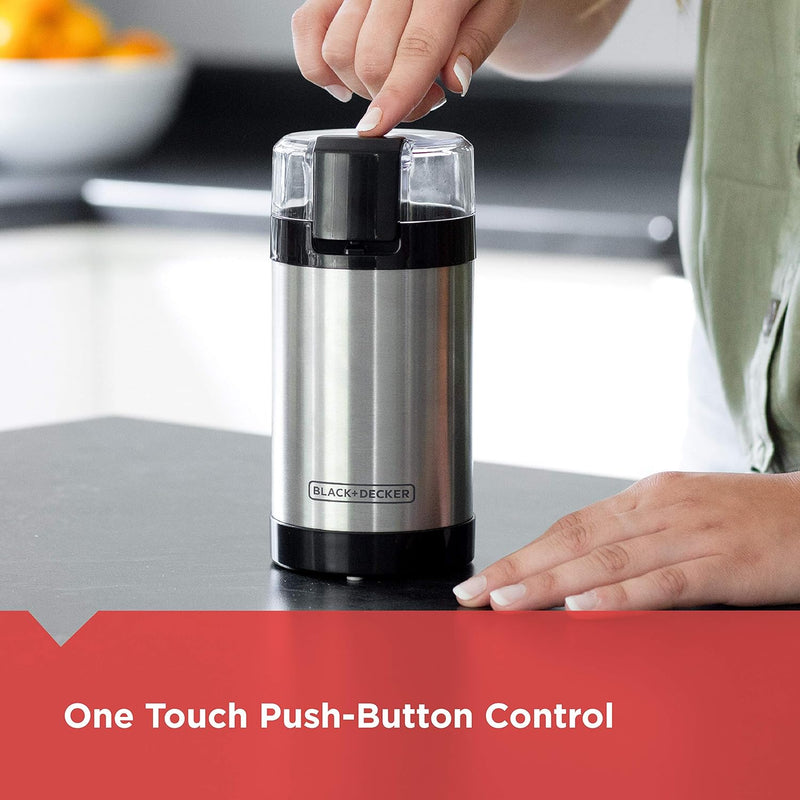 BLACK+DECKER Grinder One Touch Push-Button Control, 2/3 Cup Coffee Bean Capacity, Stainless Steel