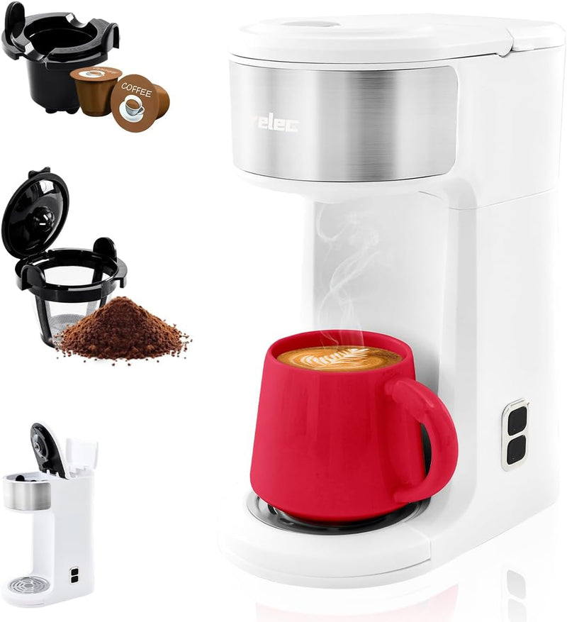 2-Way Single Serve Coffee Maker Brewer for K Cup Capsule and Ground Coffee, Mini Coffee Machine with Self-Cleaning Function and 8-14 Oz Brew Size, Christmas Pod Coffee Maker, Black Modern