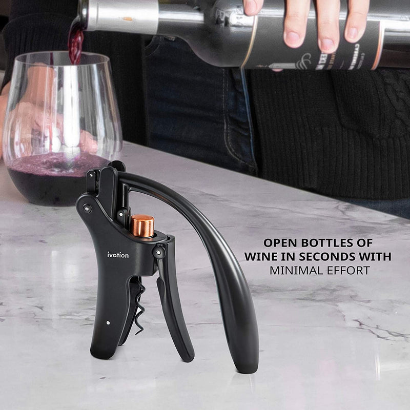 Ivation Wine Bottle Opener | Manual Handheld Corkscrew with Ergonomic Lever Pump, Standing Vertical Design, Soft Bottleneck Grip, Nonstick Screw & Easy No-Twist Cork Removal | Black & Bronze Stainless