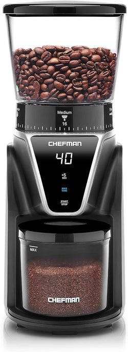 Chefman Coffee Grinder Electric Burr Mill - Freshly Grinds Up to 2.8oz Beans, Large Hopper with 17 Grinding Options for 2-12 Cups, Easy One Touch Operation, Cleaning Brush Included, Black