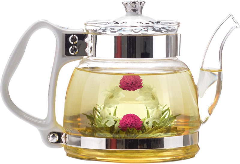 Teabloom Princess of Monaco Teapot & Blooming Tea Gift Set (6 Pieces) - Borosilicate Glass Teapot (34 oz / 1000 ml / 3-4 Cups), Porcelain Lid, Tea Warmer + Candle, Loose Tea Infuser, 2 Flowering Teas