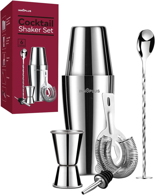 Cocktail Shaker, Martini Shaker, Drink Shaker, Cocktail Shaker Set 6 Piece, Boston Shaker, Bar Set, Cocktail Strainer, Bar Tools, Bartender Kit, Stainless Steel Double Measuring Jigger, Mixing Spoon