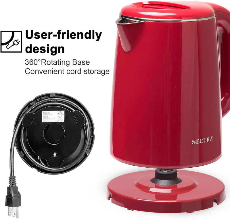 Secura Stainless Steel Double Wall Electric Kettle Water Heater for Tea Coffee w/Auto Shut-Off and Boil-Dry Protection, 1.0L (Red)