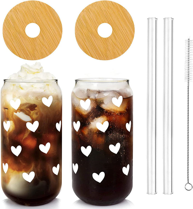 Iced Coffee Cups, 20 OZ Hearts Cup Glass Cups, Love Can Couple Drinking Glasses, Glass Cup with Bamboo Lids and Straw, Brown Heart Glass Cup - 2 Sets